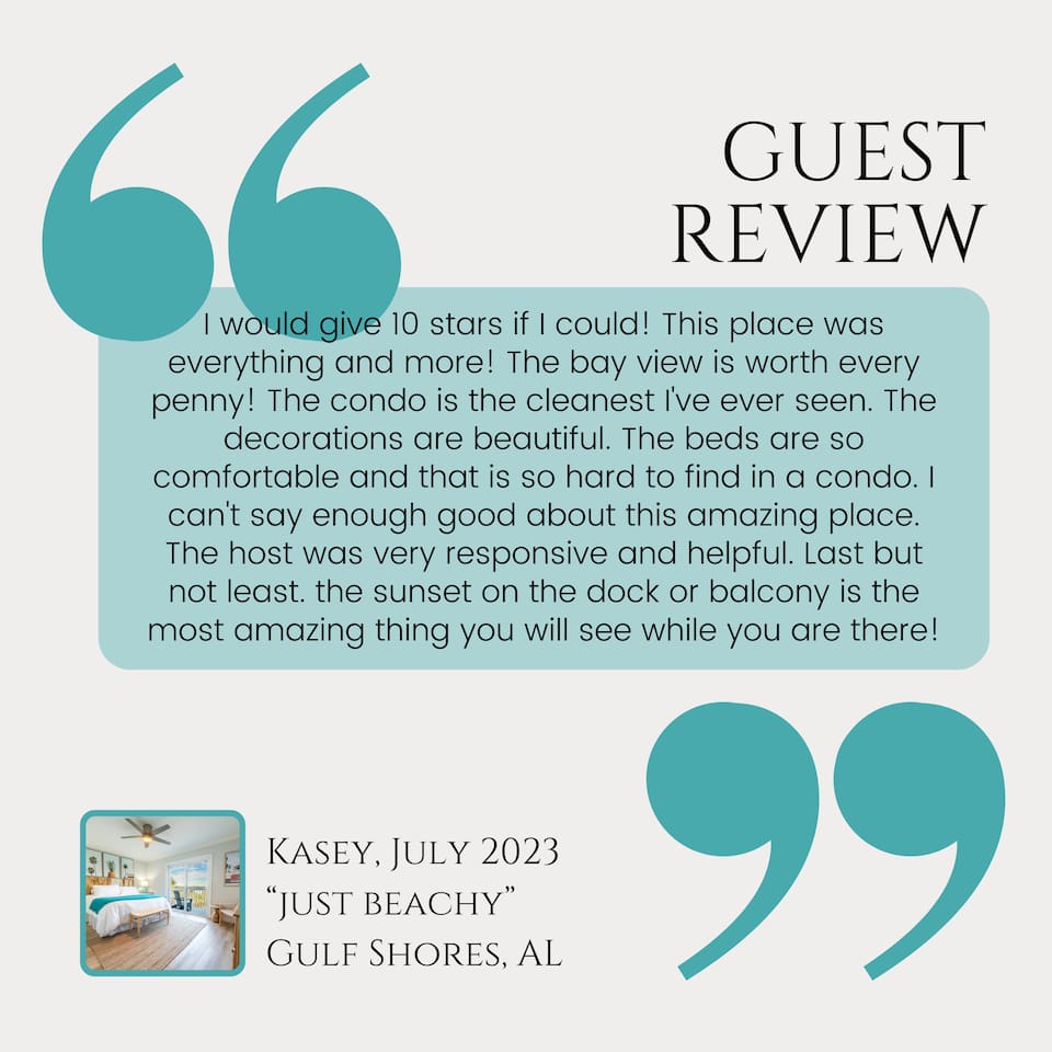 Just Beachy condo: Clean, comfy, stunning bay view, and magical Gulf Shores sunset.