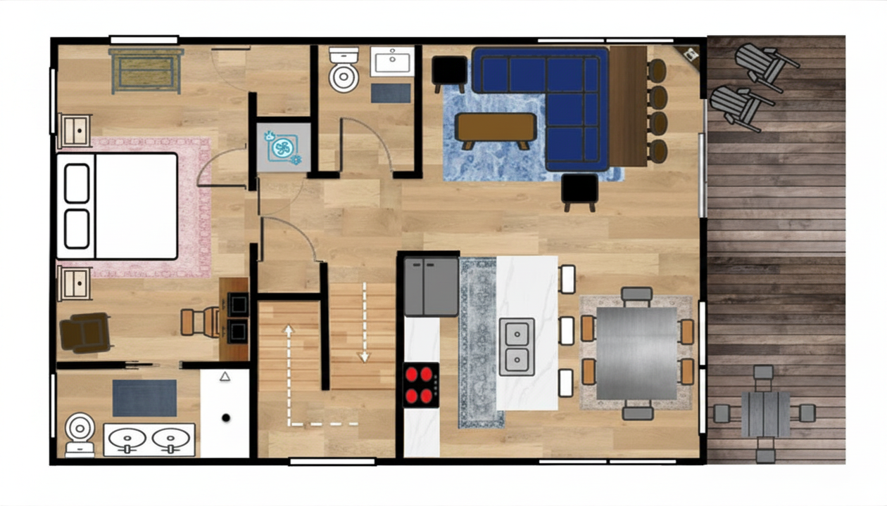 The upper level of The Compass Star features an open-concept kitchen and living area, plus 1 bedroom and 1.5 bathrooms.