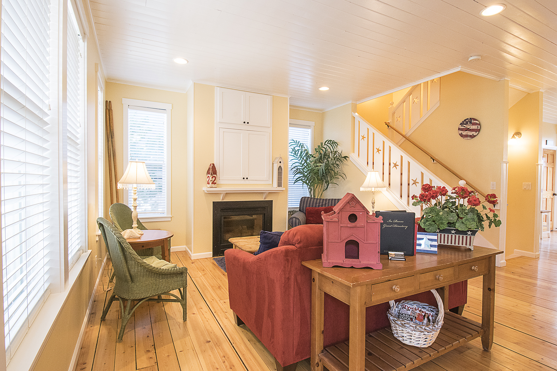 Large screen TV for streaming your favorite movies while cozying up to the fireplace.