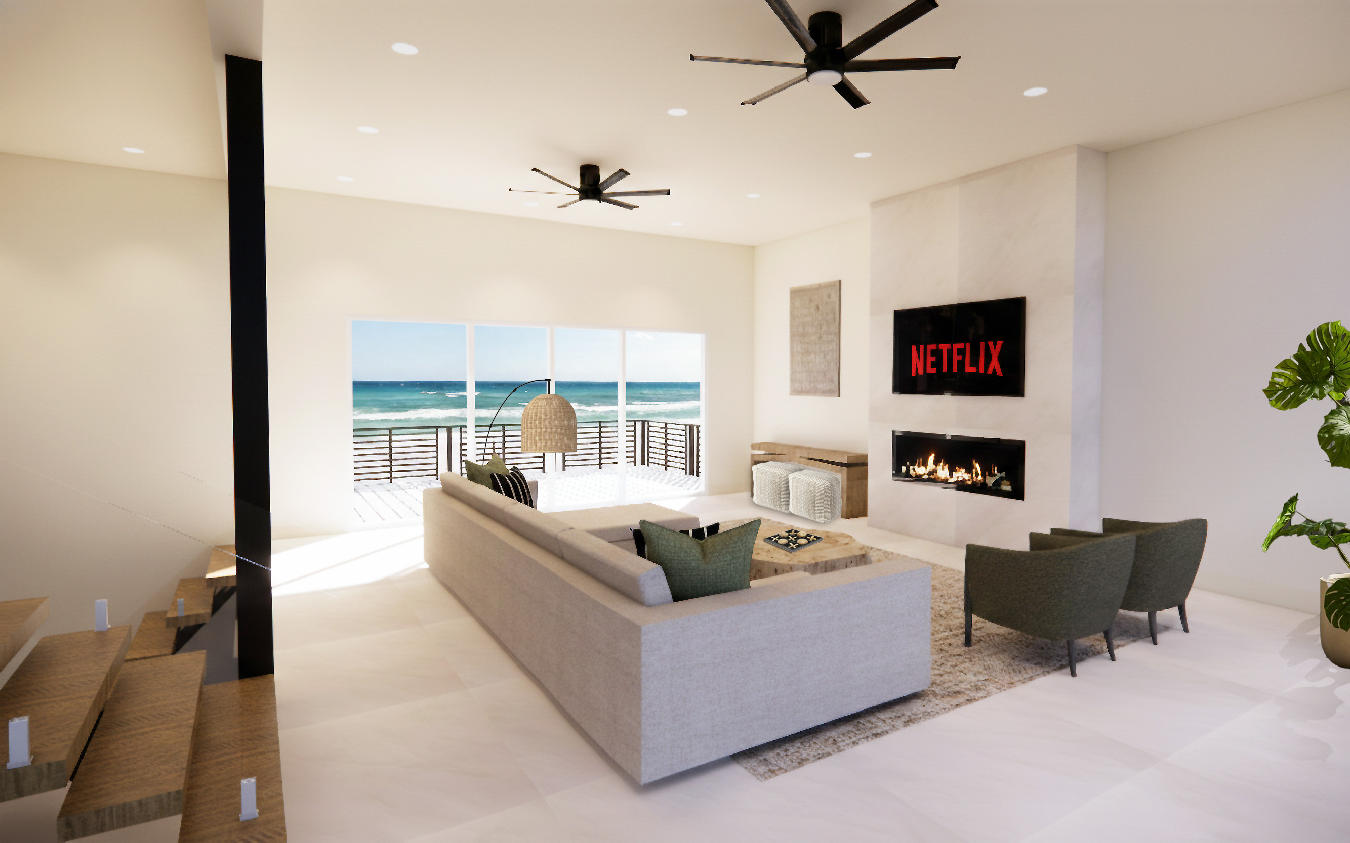 Panoramic windows frame both sunrise over the Atlantic and sunset over the Guana River — a view that changes with every hour.
Design rendering shown; professional photography coming soon.