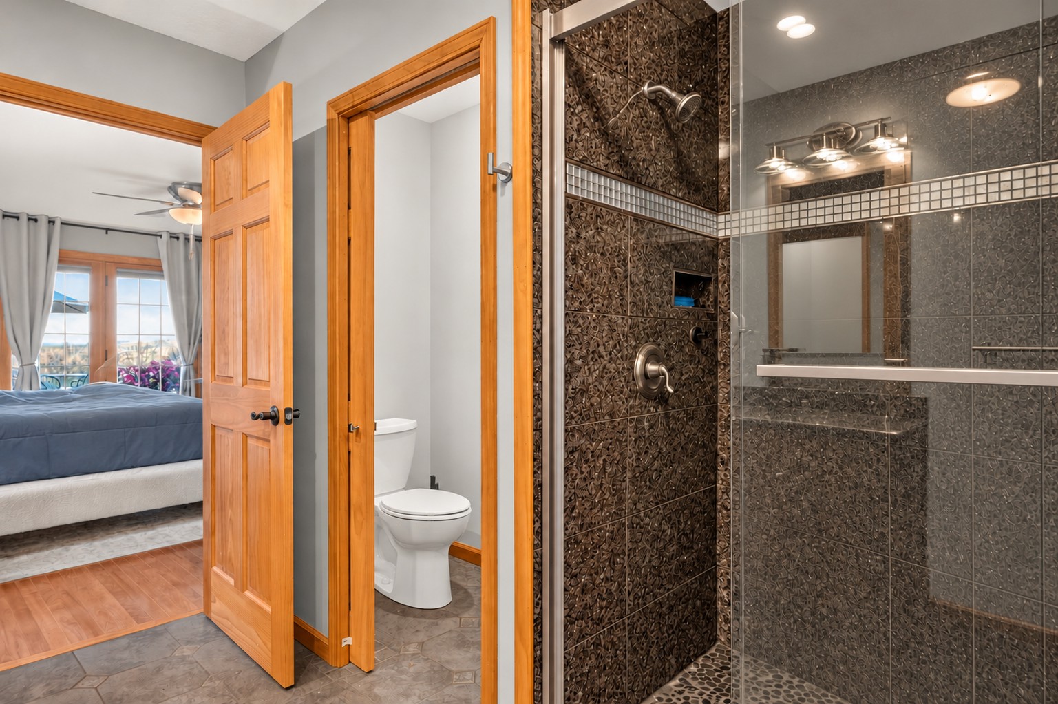 Ensuite bathroom with glass-enclosed tiled shower