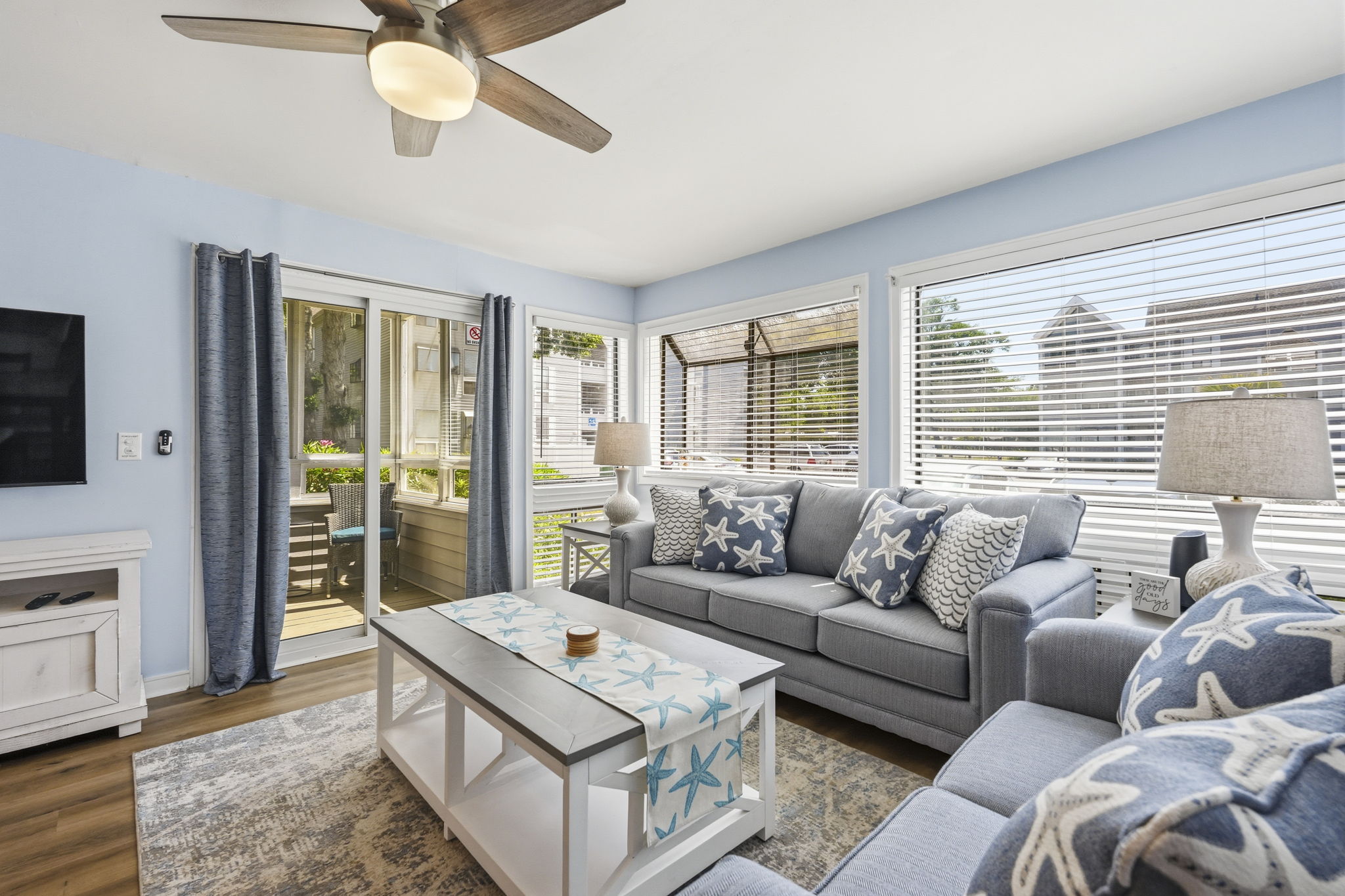 Bright and open living room with queen sleeper sofa