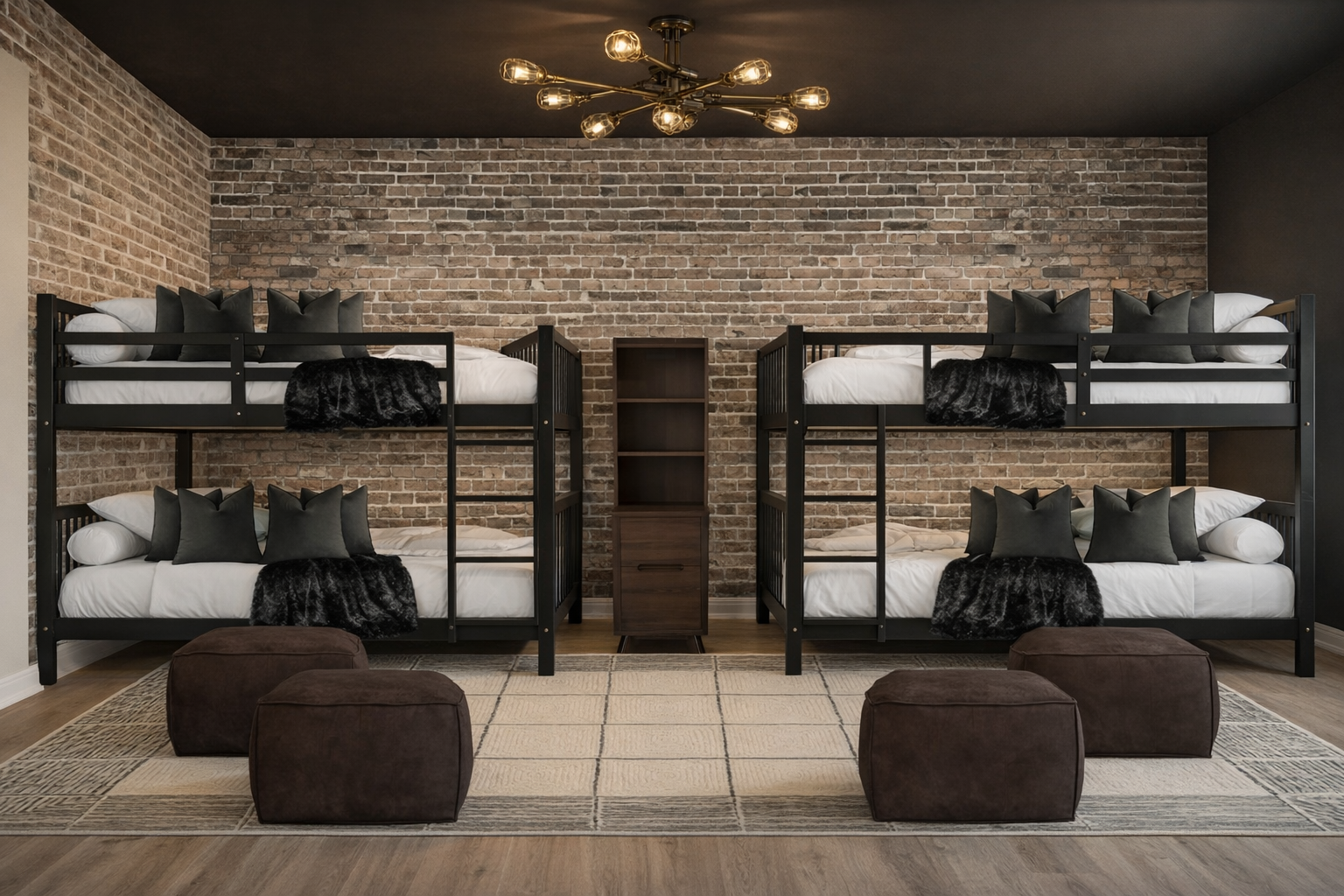 Host the ultimate group getaway in this industrial-style bunk room. Featuring twin black bunk beds, a rustic brick accent wall, and plush floor poufs, this space is designed for comfort and fun. A perfect family-friendly setup for your next luxury vacation