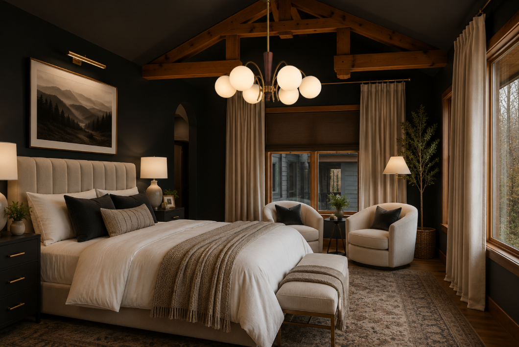 {Master Bedroom 5} A peaceful mountain retreat featuring warm timber accents, soaring ceilings, and cozy comforts—the perfect place to recharge after a day exploring the beauty of Pisgah Forest.