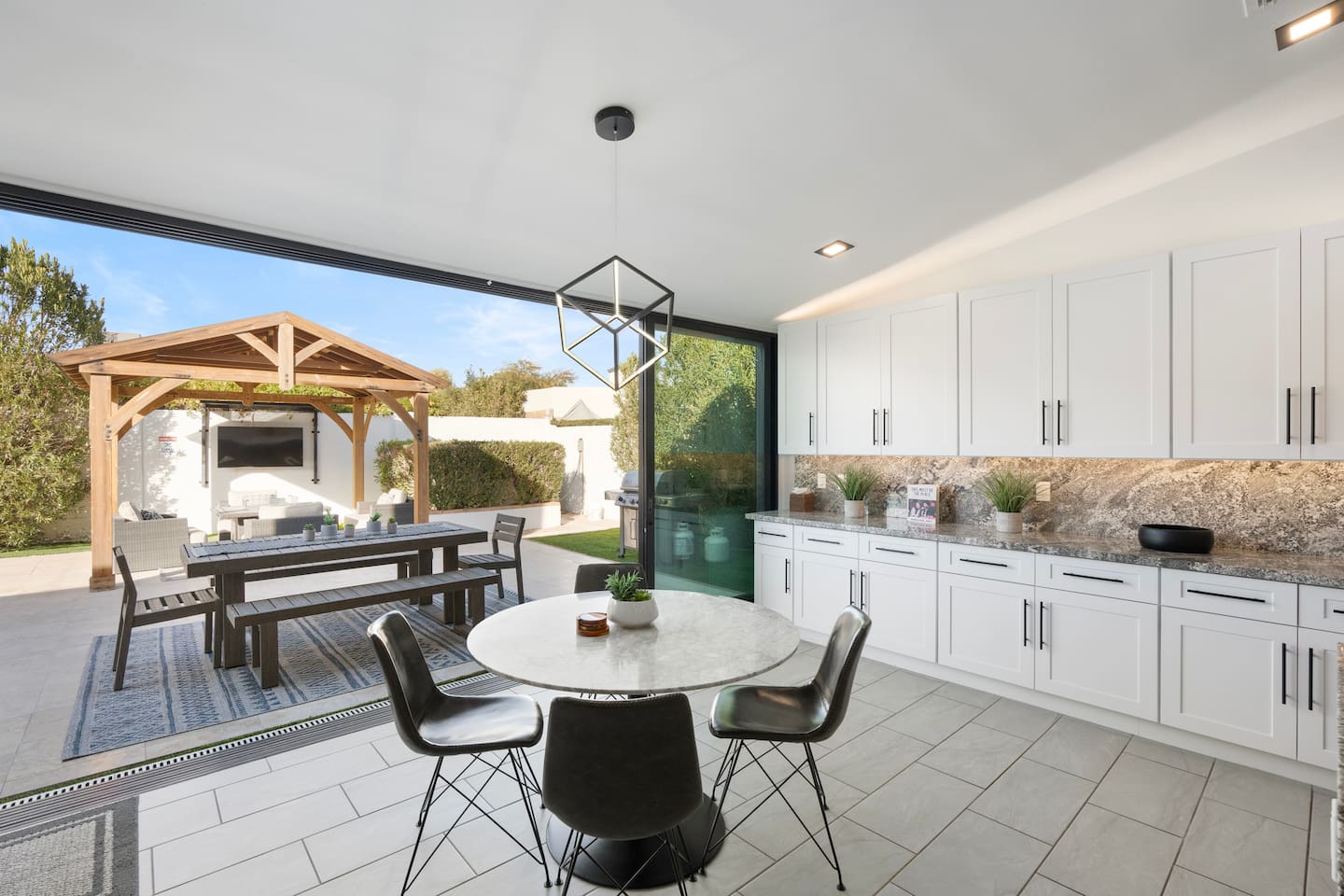 Cozy Marble Table – Ideal for breakfast or casual bites.

