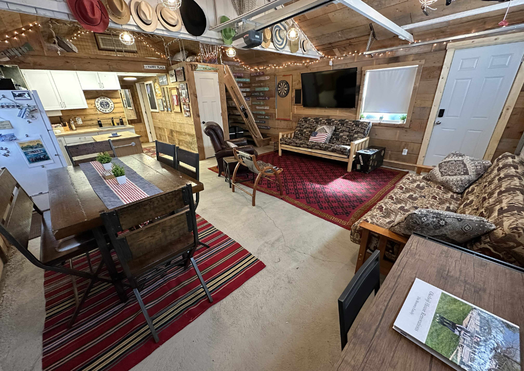View of the kitchen and living space.