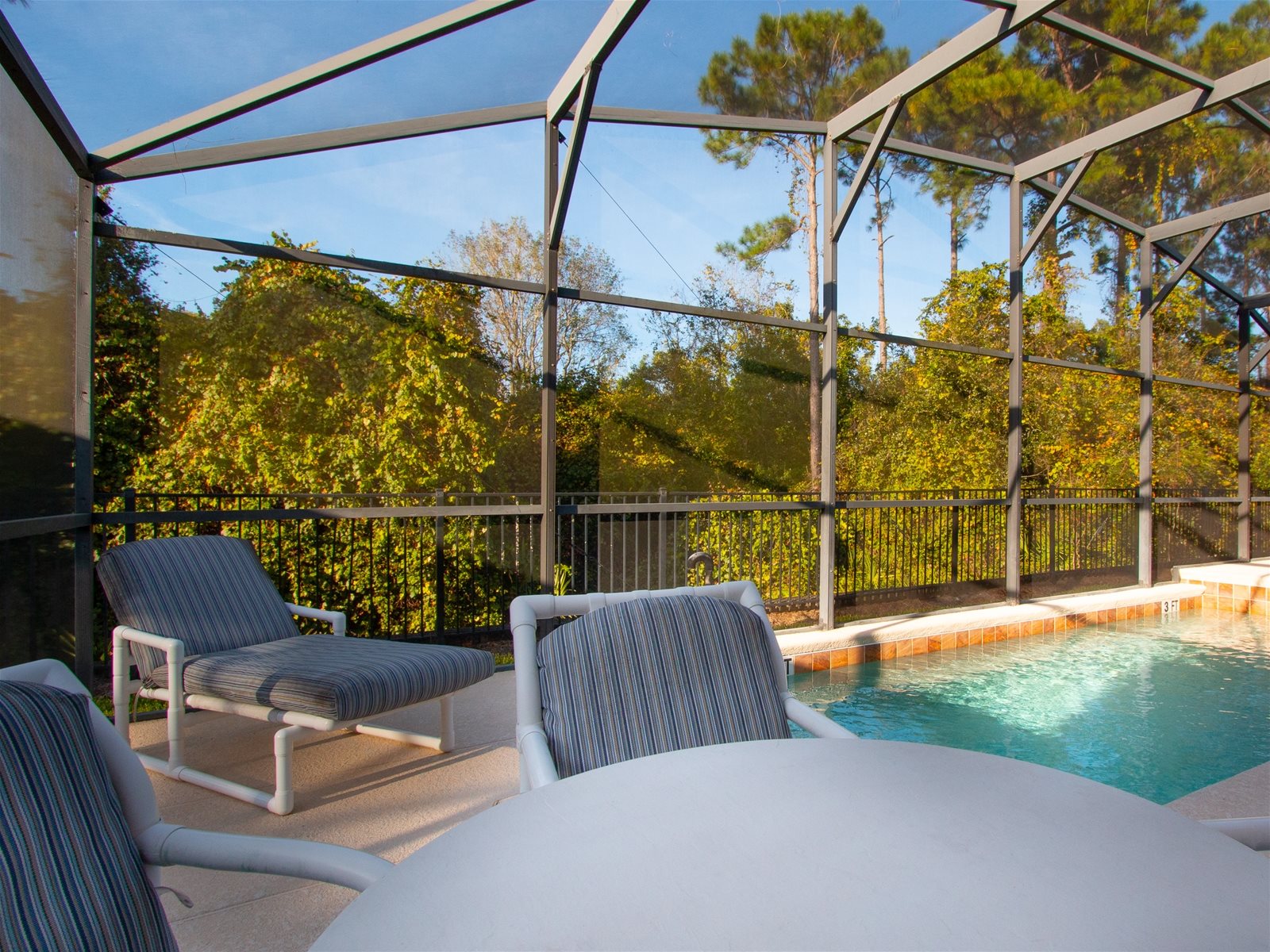 Loungers and table by the Private Screened Patio Pool.
