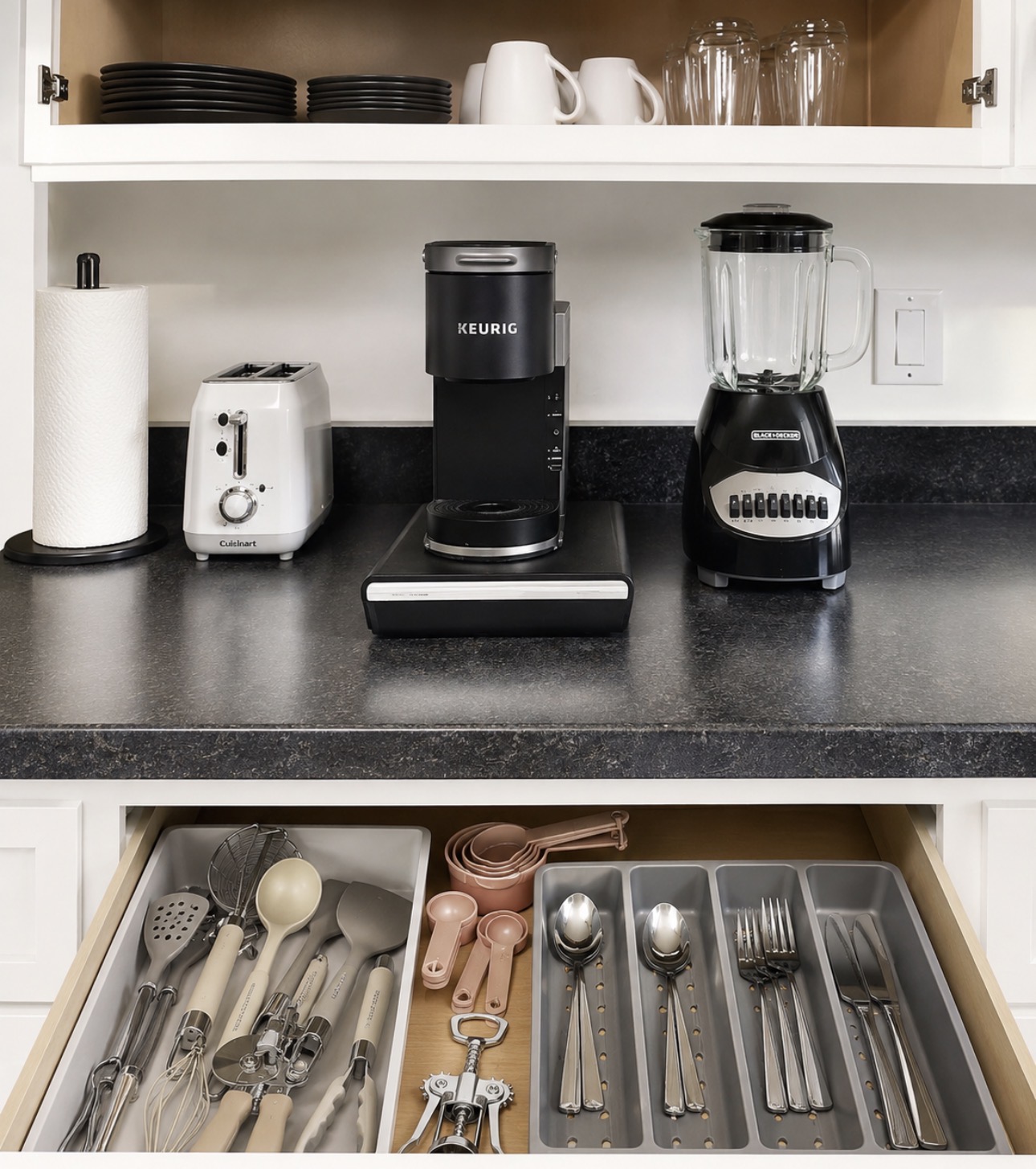 Kitchen coffee station with Keurig, toaster, blender, and everyday essentials