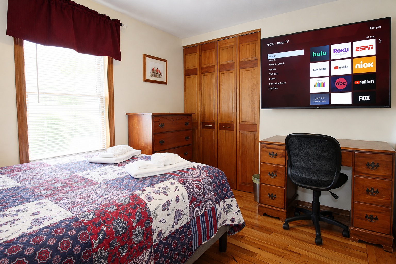 Bedroom #2, full bed and 55" flat screen smart Roku TV.  Every bedroom has a TV so each person can watch their favorite shows.