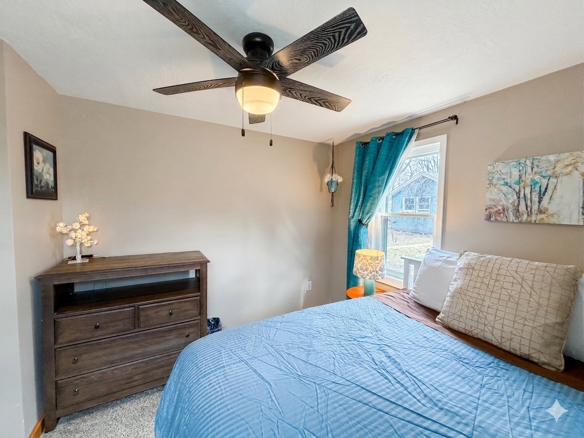 The bedroom overlooks the backyard, which will get more and more green by April and May!