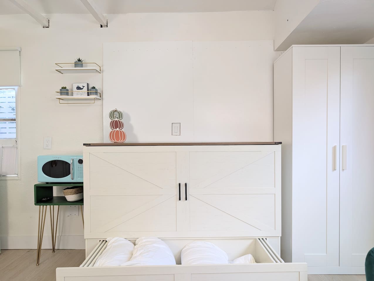Space-saving Murphy bed with storage.