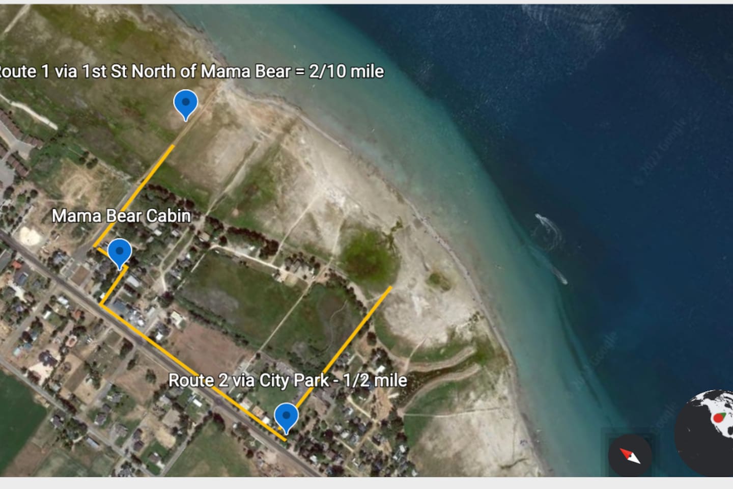 There are two walking routes to the lake from Mama Bear.   The beaches are great at either locations when the lake is lower. 

Additional entrances to the lake are at both the South and North sides of Bear Lake where beaches are always great!  