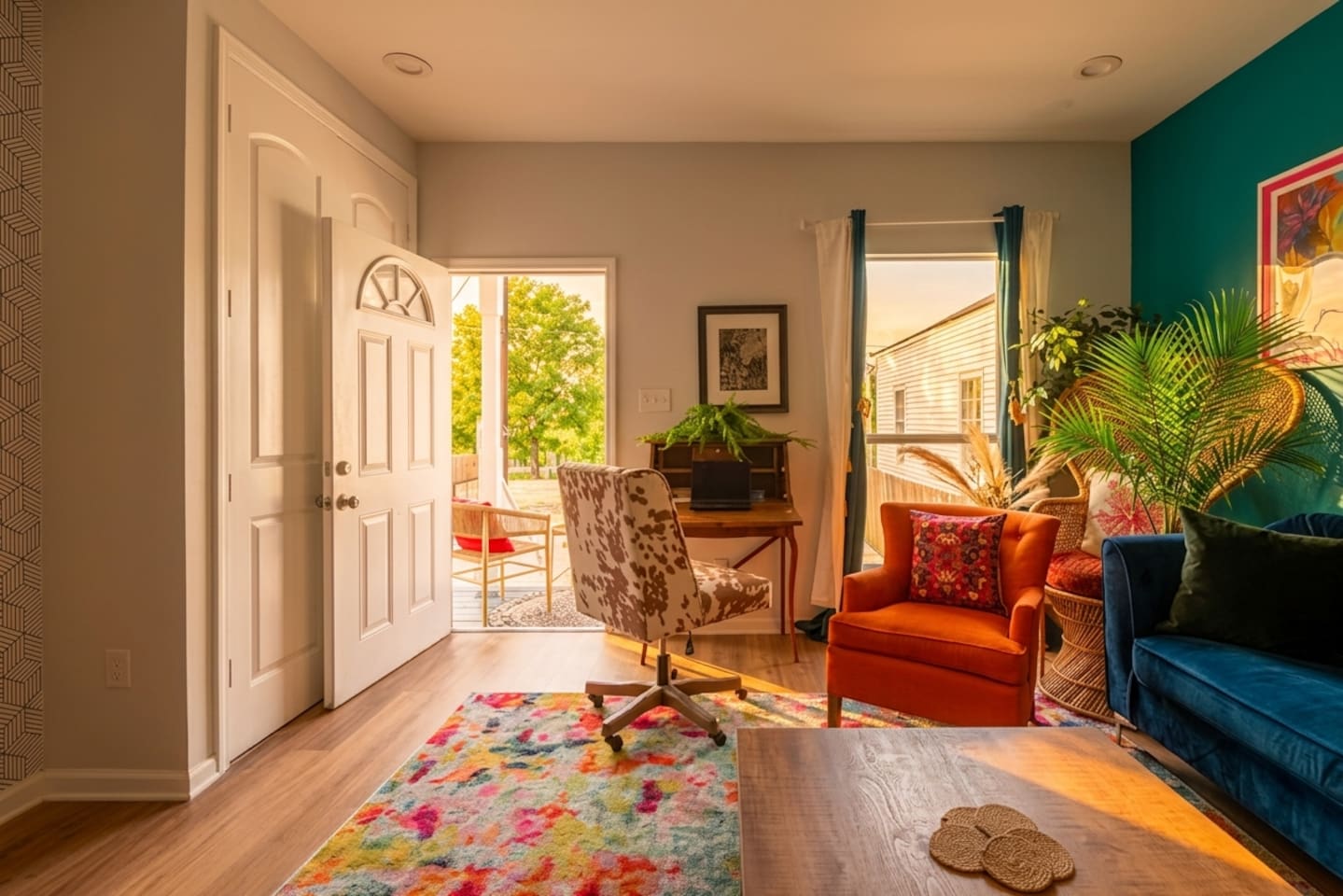 Plenty of seating and a dedicated workspace in the downstairs living room