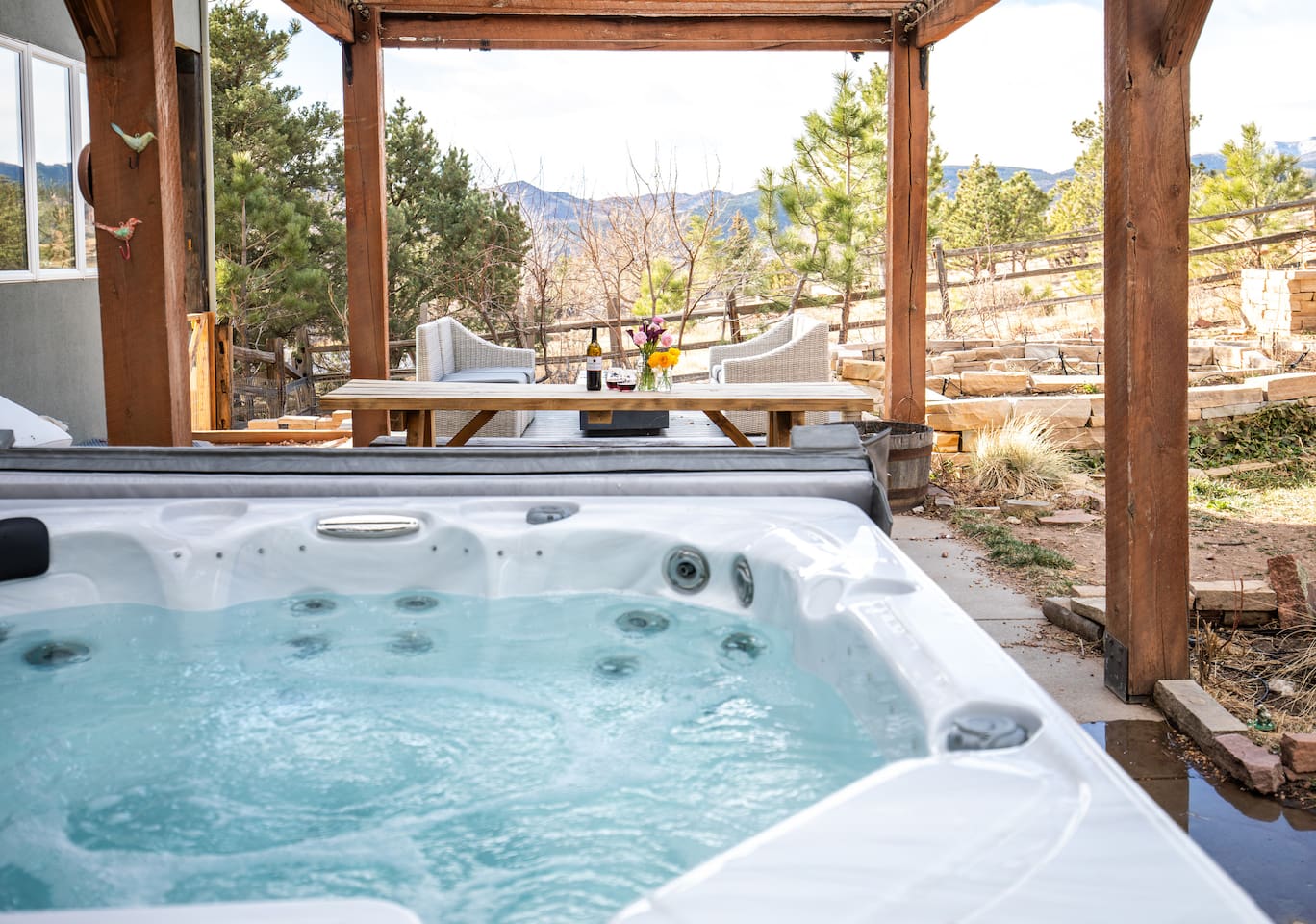 A spacious six-person hot tub bubbles invitingly on our private patio, its clear water gently steaming in the cool air.  Perfect for relaxing with family and friends!