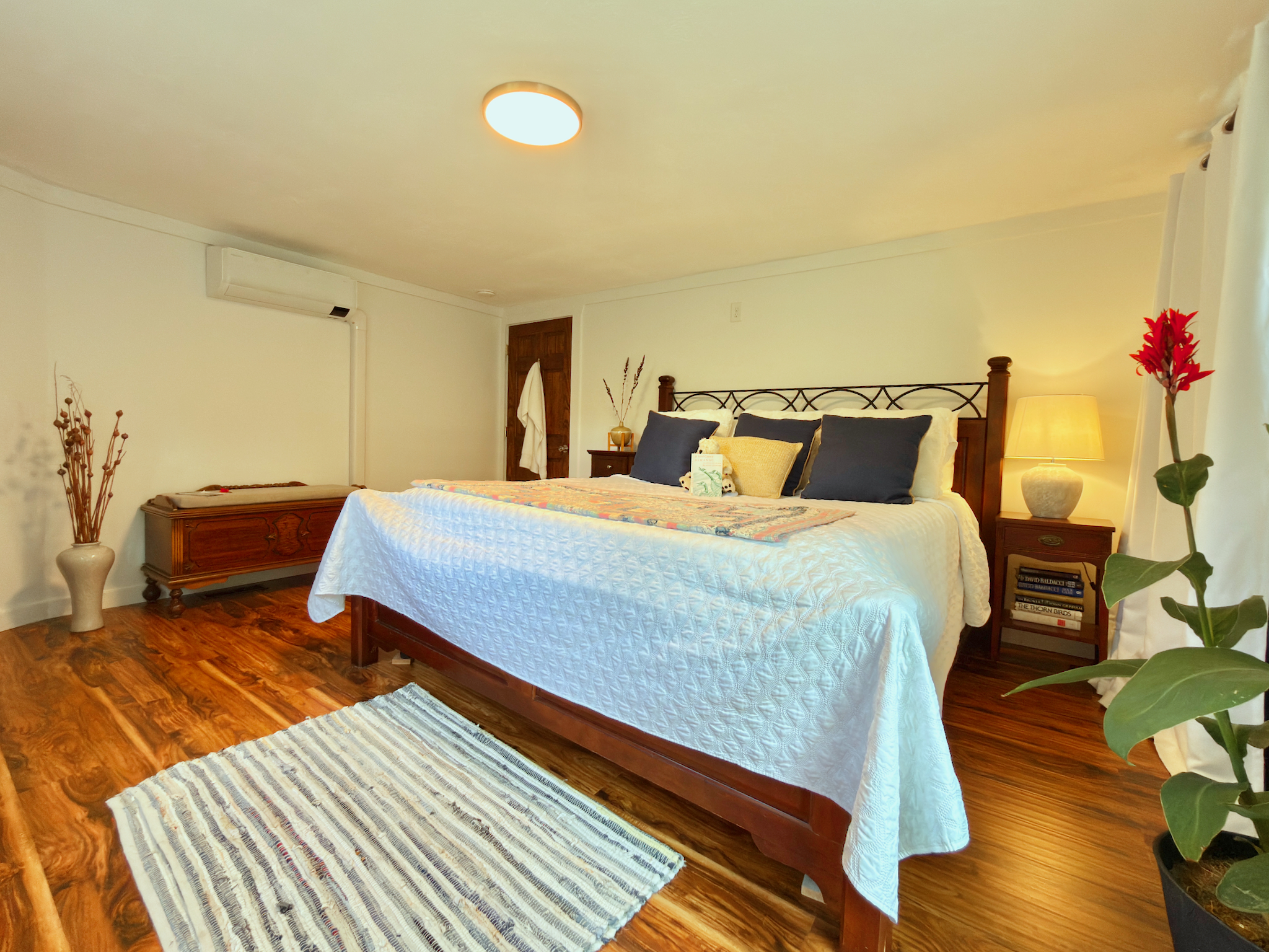 Garden-level bedroom with California King mattress, darkening shades, mini-split, and live plants. Note: 1 step down to bathroom via kitchen. A peaceful retreat.