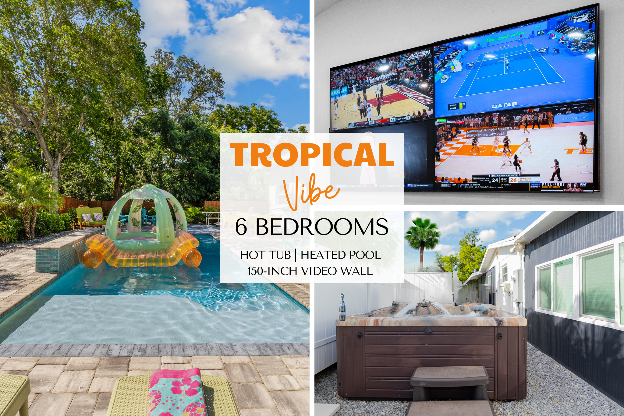Soak up the south Florida sun while watching the 150-inch LED TV through the massive slider door, surrounded by tropical landscaping by the heated salt water pool with waterfall, Funboy floats