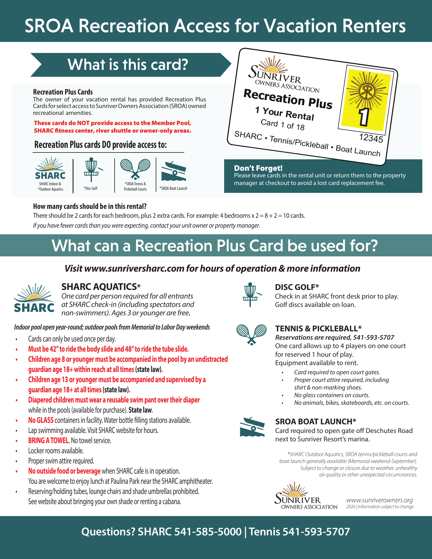 Sunriver Recreation Plus Cards and SHARC passes information poster for vacation rental guests
