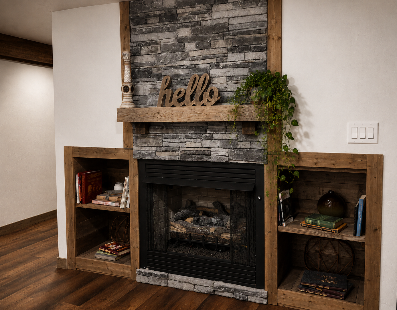 Entryway fireplace, located between kitchen and living room.