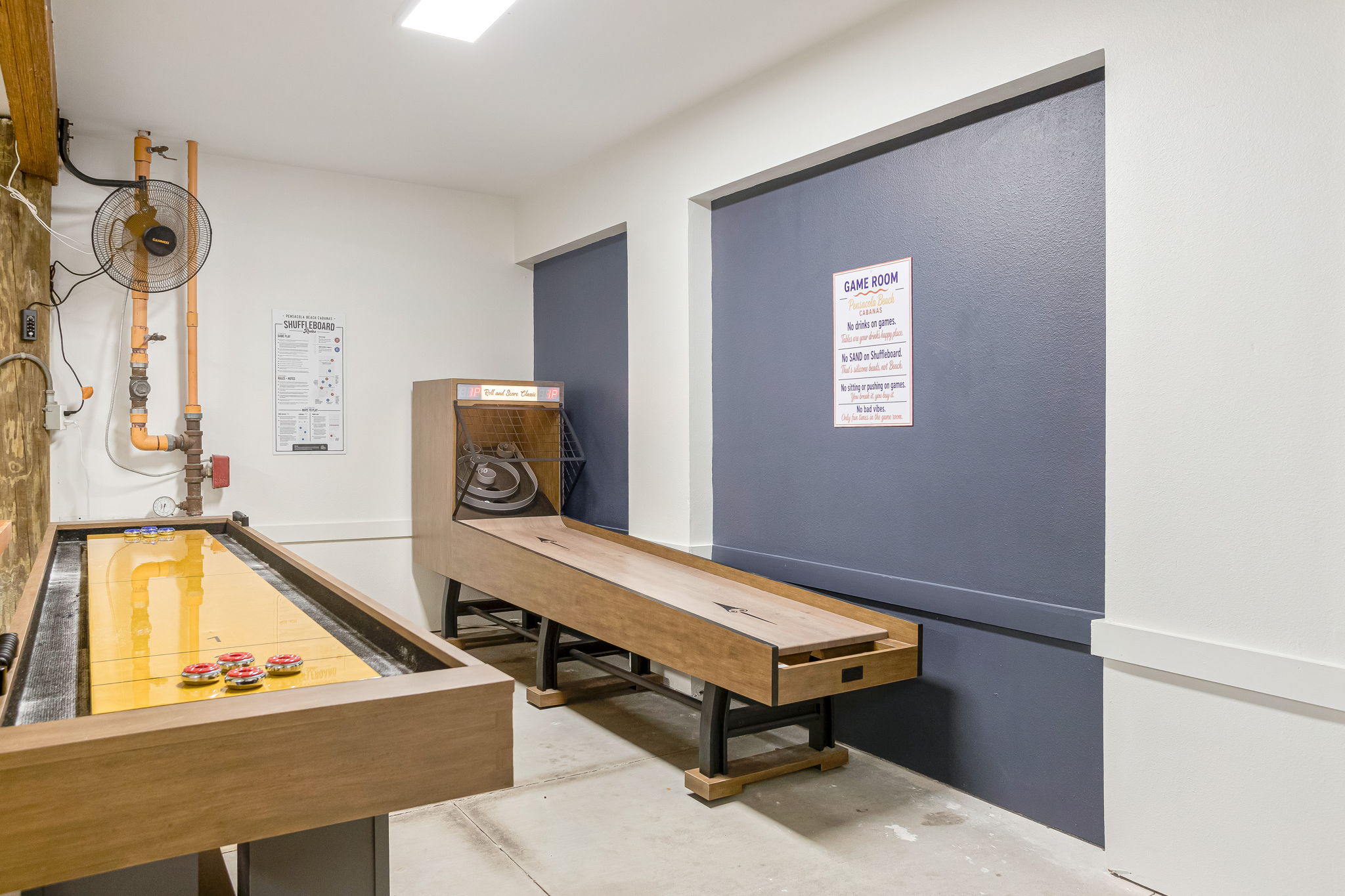 Skee ball, Shuffleboard, Connect Four, and XL Jenga