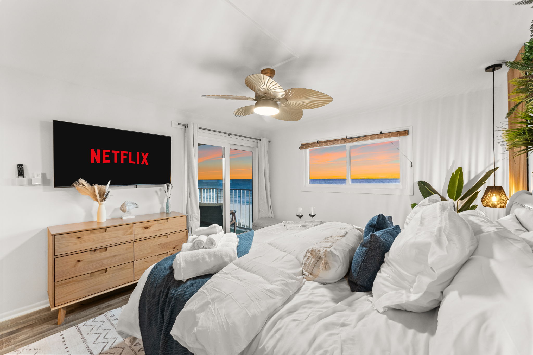 The master suite has 9 pillows of varying firmness and a soft and supportive mattress. Fall asleep to the sound of the waves