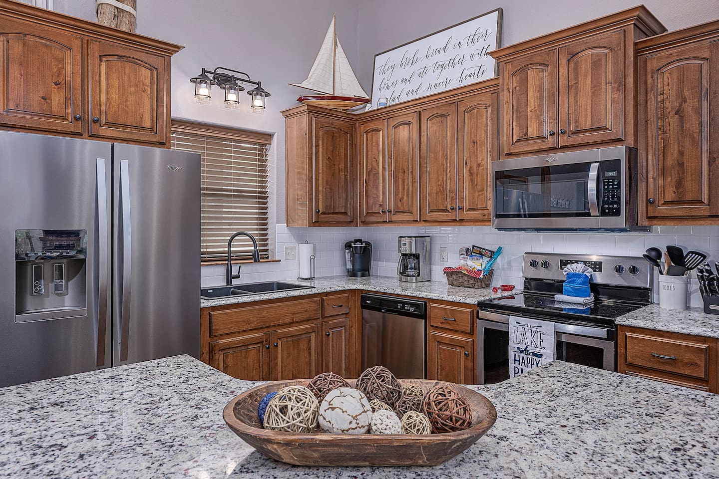 Kitchen stocked with all your cooking and baking needs for any food you may bring.  Large pantry, stainless appliances, and granite