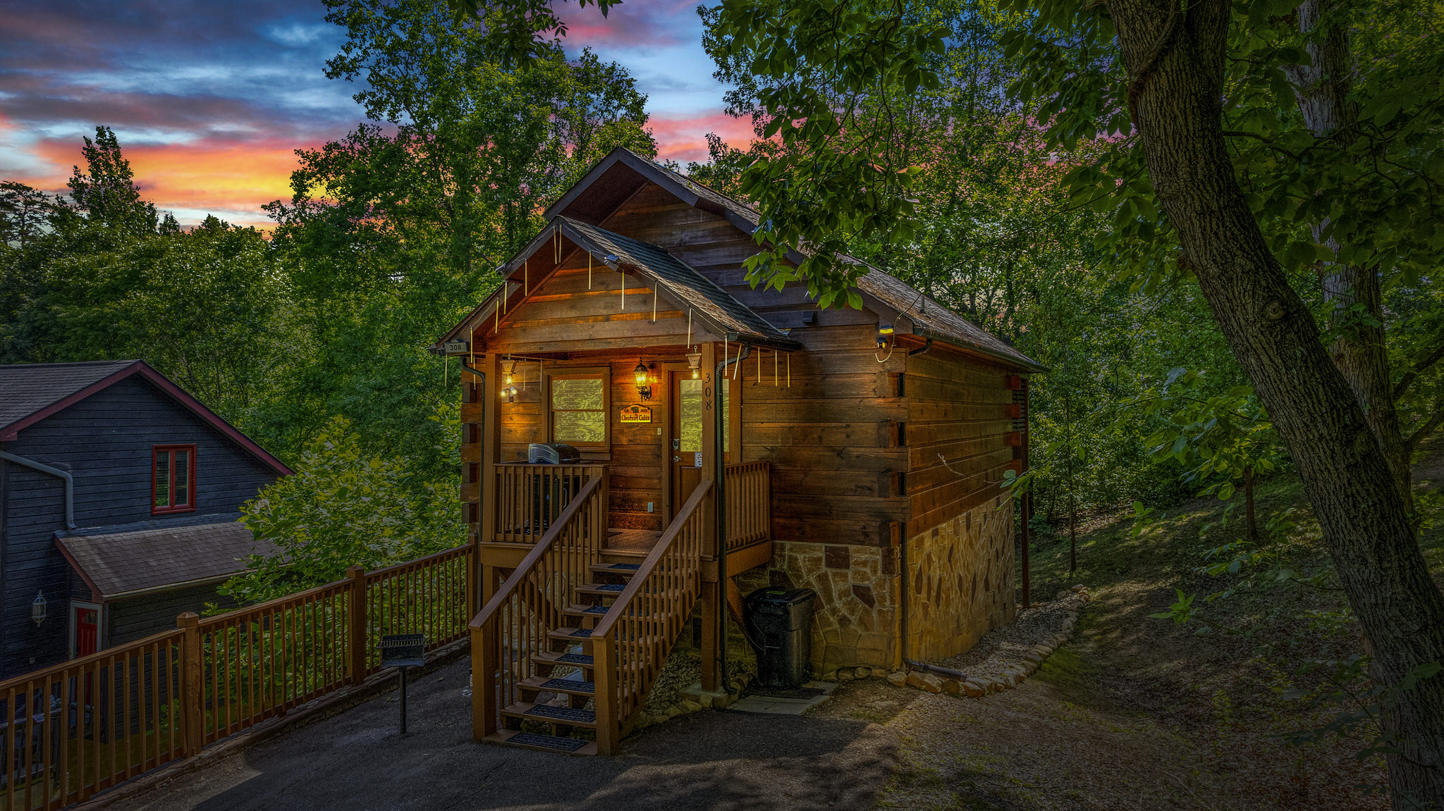 Front of the cabin at dusk