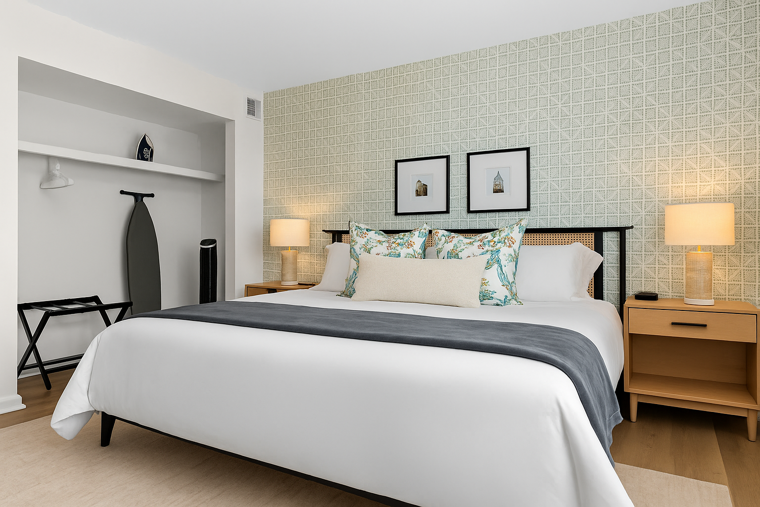 Relax in a king-size bed with soft linens, stylish decor, and dual nightstands with reading lamps.