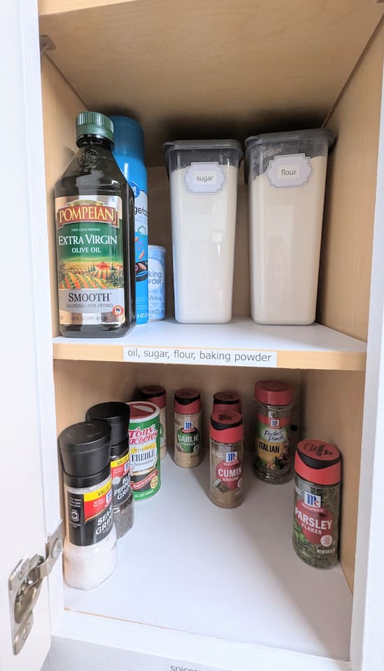 Basic cooking & baking supplies: olive oil • pan spray • sugar, flour, and baking powder • salt and pepper • basic spices