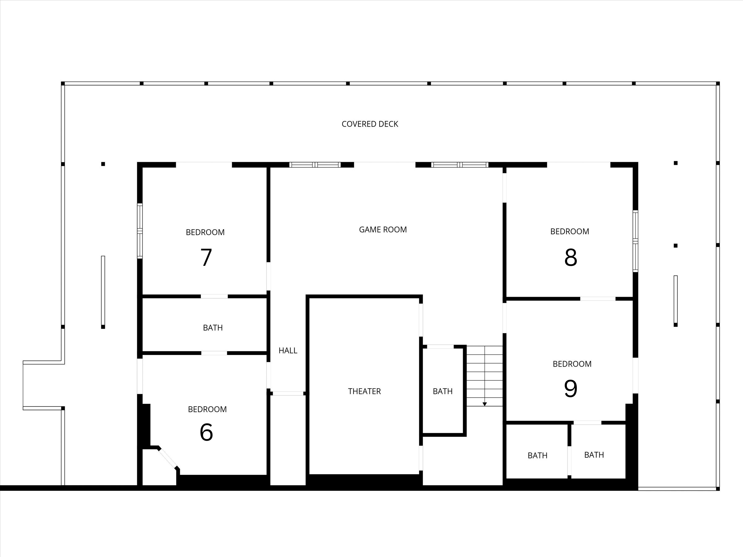 Lower Floor:  Bedroom 6 is a king bedroom, Bedroom 7 & 8 each have two full over full bunk beds (for up to 16 kids!), Bedroom 9 has a king bedroom and private bathroom.  Enjoy the movie theater and arcade!