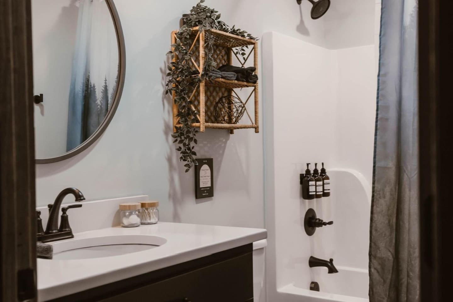 Bathroom, essentials, including shampoo, conditioner, body wash, hand soap, and lotion. Blow dryers in each bathroom.