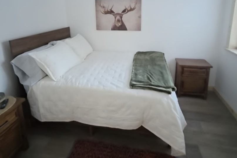 Bedroom on main floor includes a Queen Size Bed, nightstand, closet and TV.