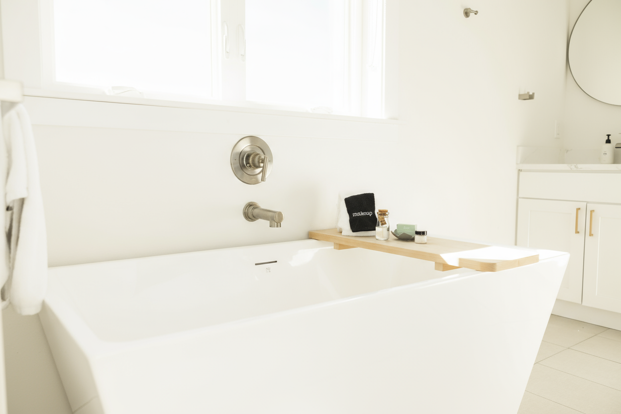 {Master Bath} Relax and recharge in the luxurious soaking tub with spa-inspired details.