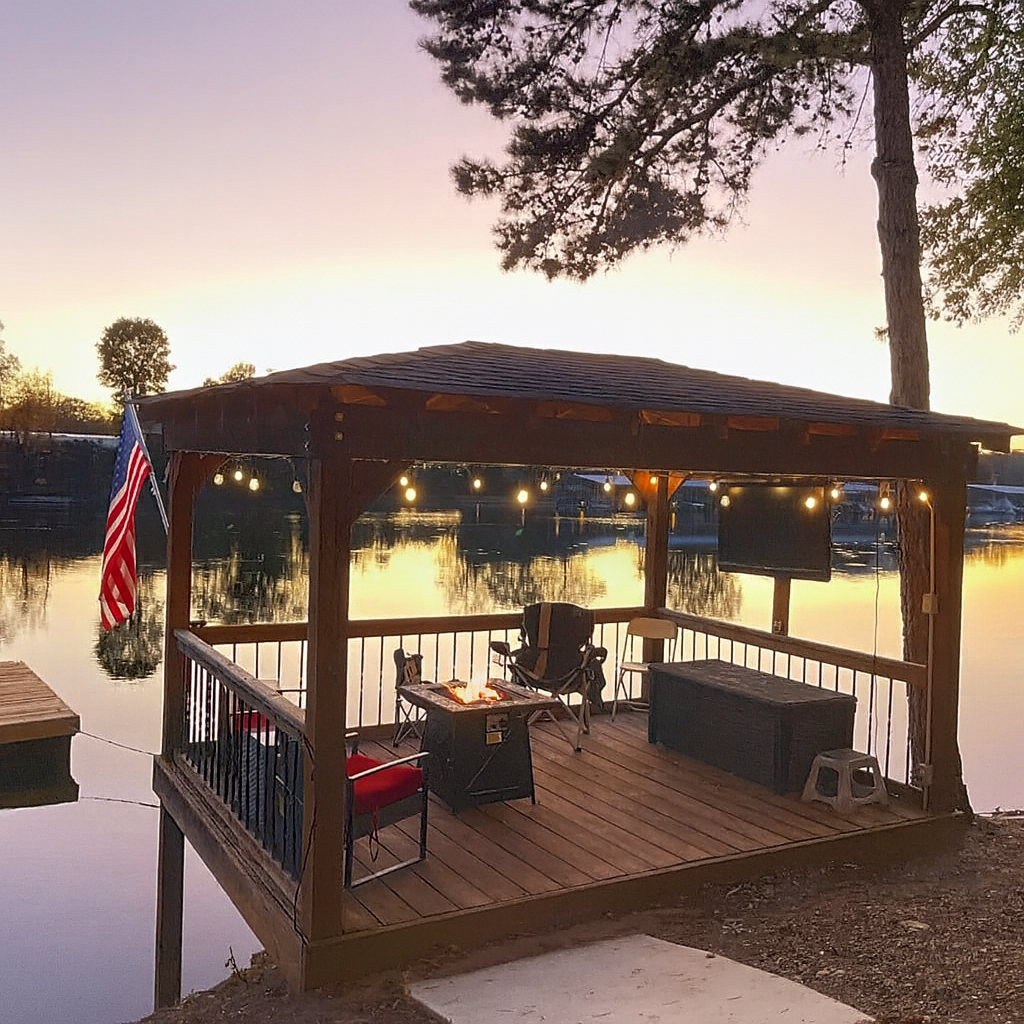 Come and enjoy the game next to the lake on our private gazebo with a large flatscreen TV!