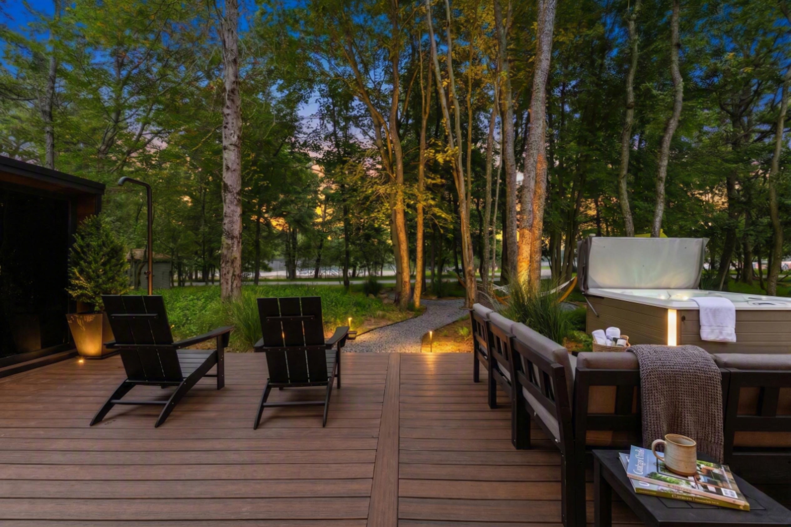 Deck chairs, dusk, hot tub waiting
