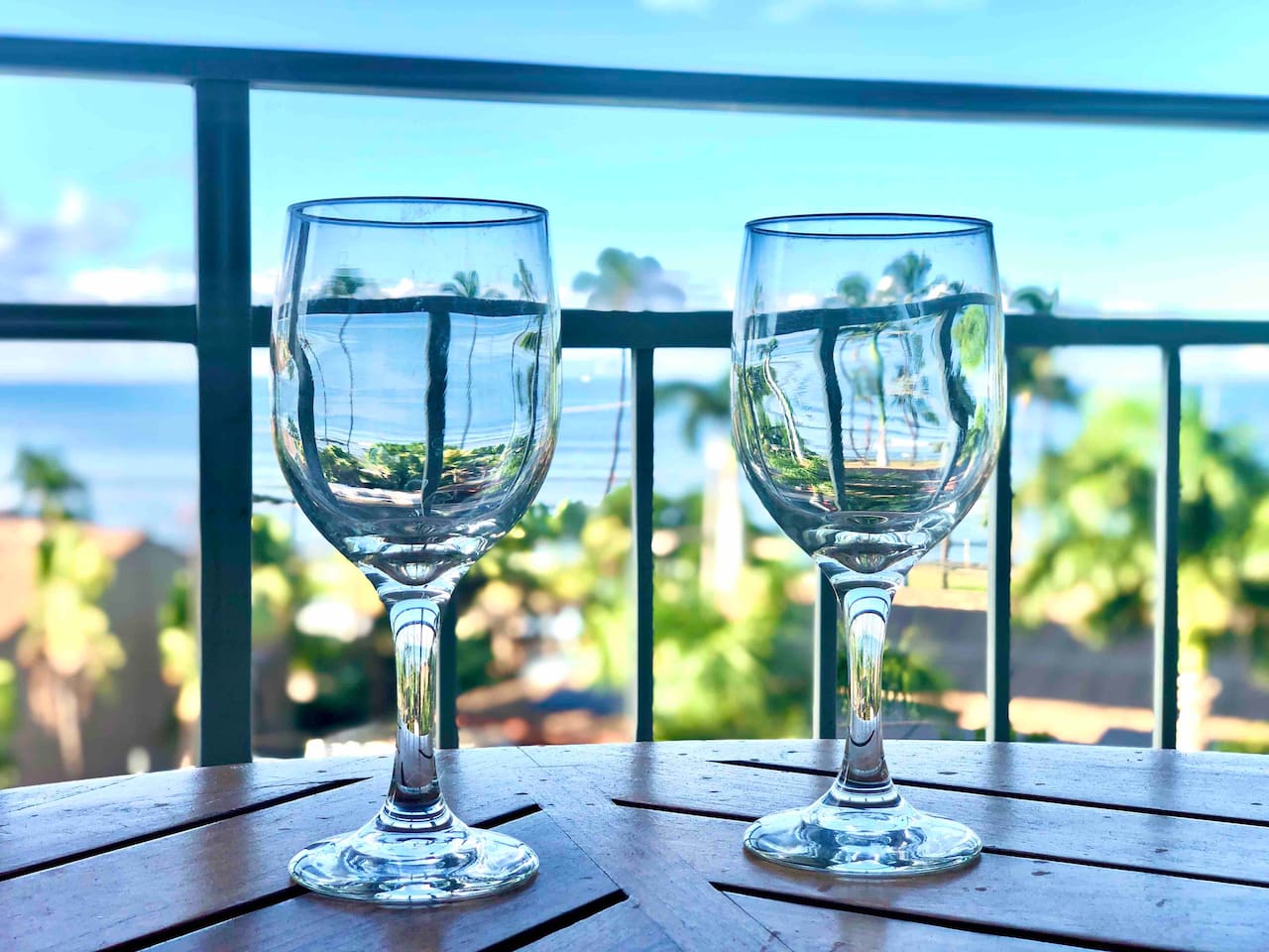 Gorgeous  ocean and Haleakala Mountain views from outdoor lanai dinner table. 