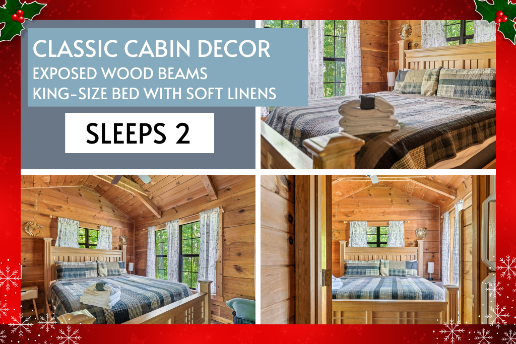 Sleep soundly in a rustic king suite with exposed wood beams, soft linens, and natural light. Experience true Smoky Mountain comfort and charm.