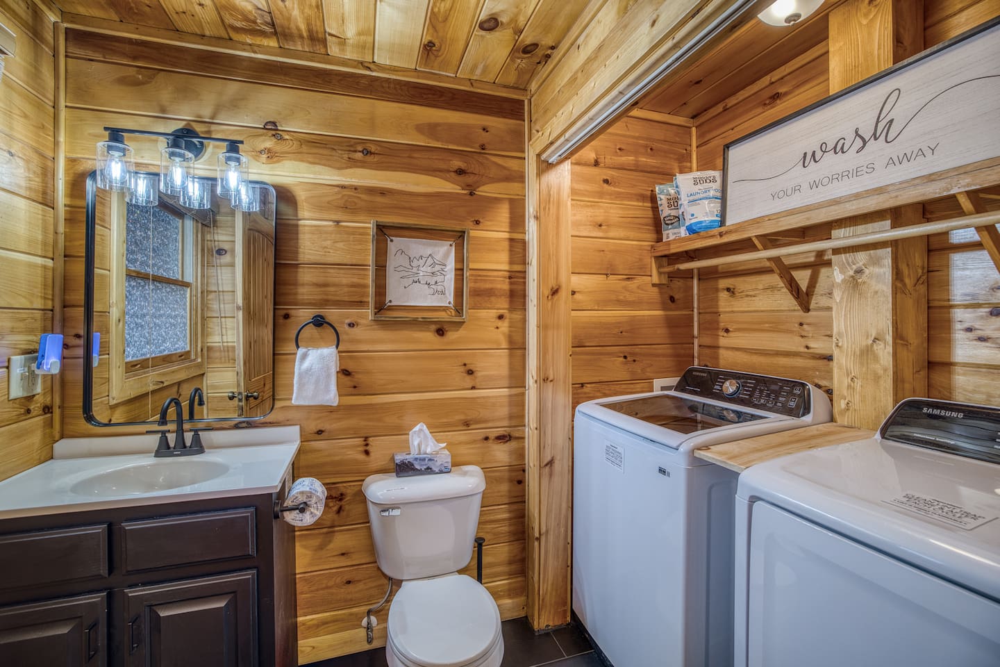 Laundry room in the half bathroom on the main-level, we use only fragrance-free non-toxic laundry detergents on our linens and towels.