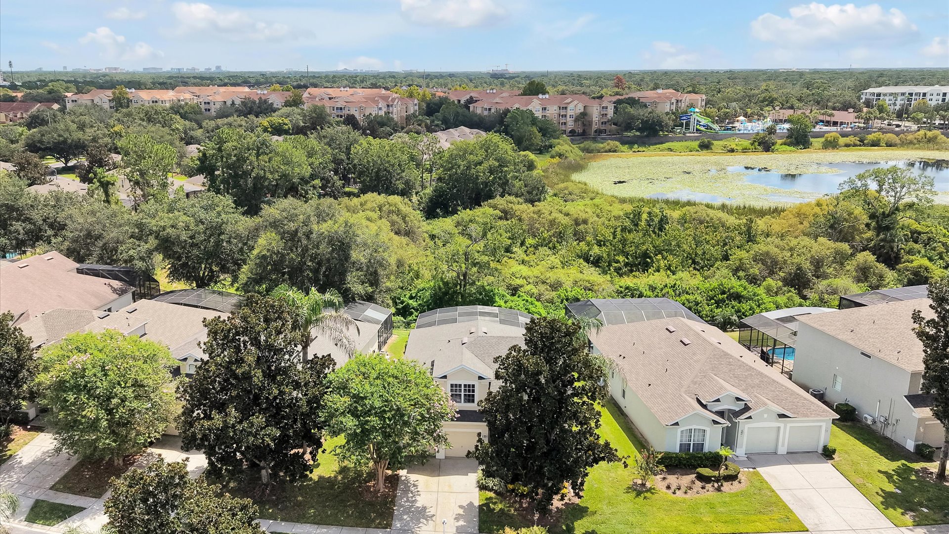 Motunui Villa Aerial: Motunui Villa’s peaceful Windsor Hills location, with conservation, Reedy Lake and the resort clubhouse and waterpark beyond.
