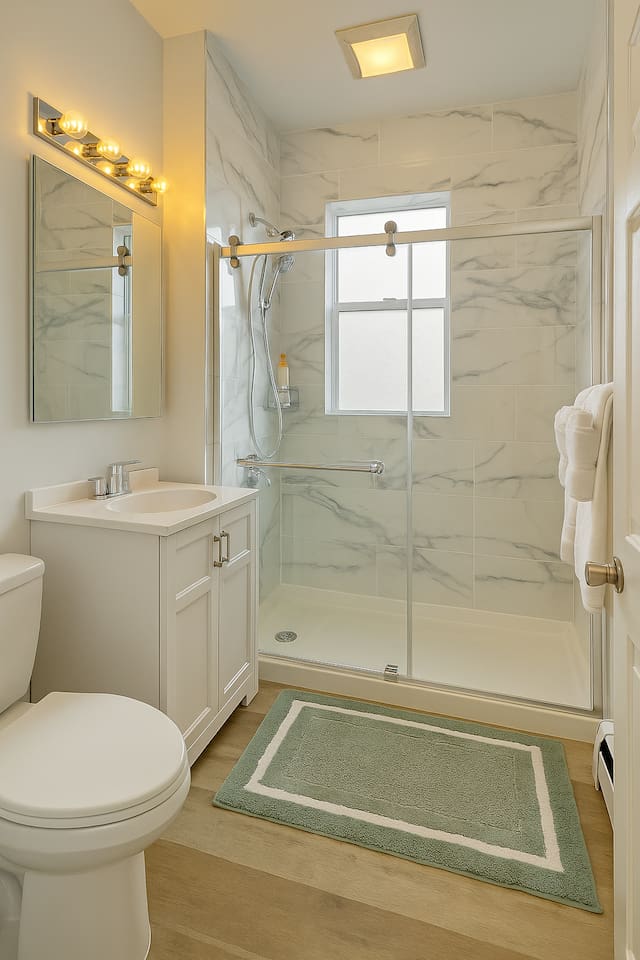 Bright, professionally cleaned bathroom with fresh towels and guest essentials included.