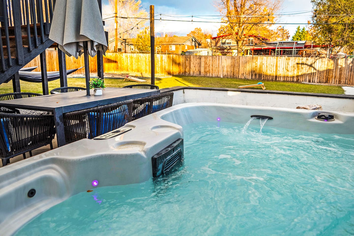 Large hot tub with night lighting, the perfect after hike or long golf day relaxation.