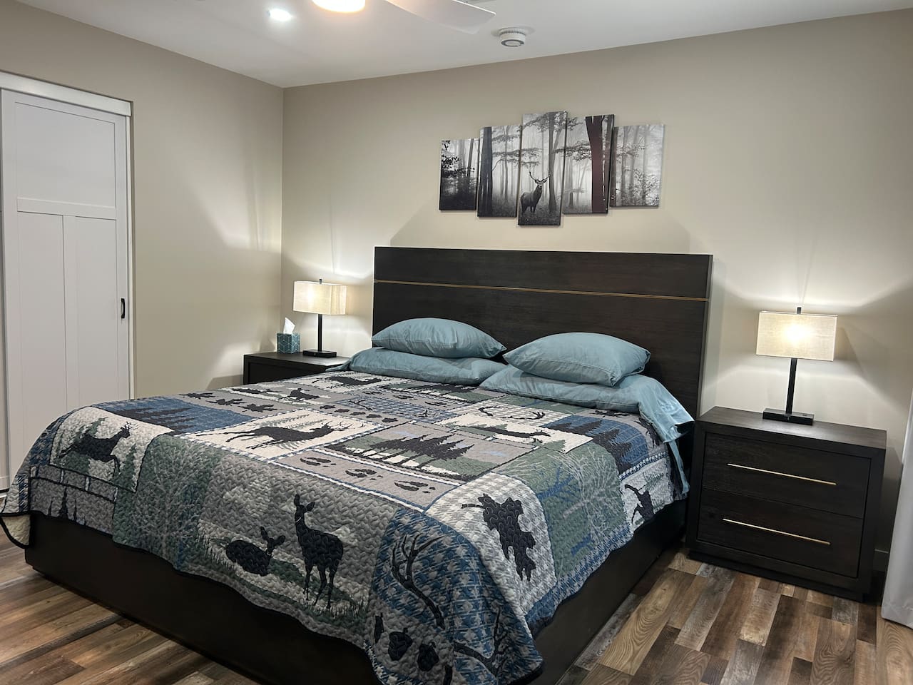 King size bed, dimmable lights, room darkening curtains and ceiling fan.
