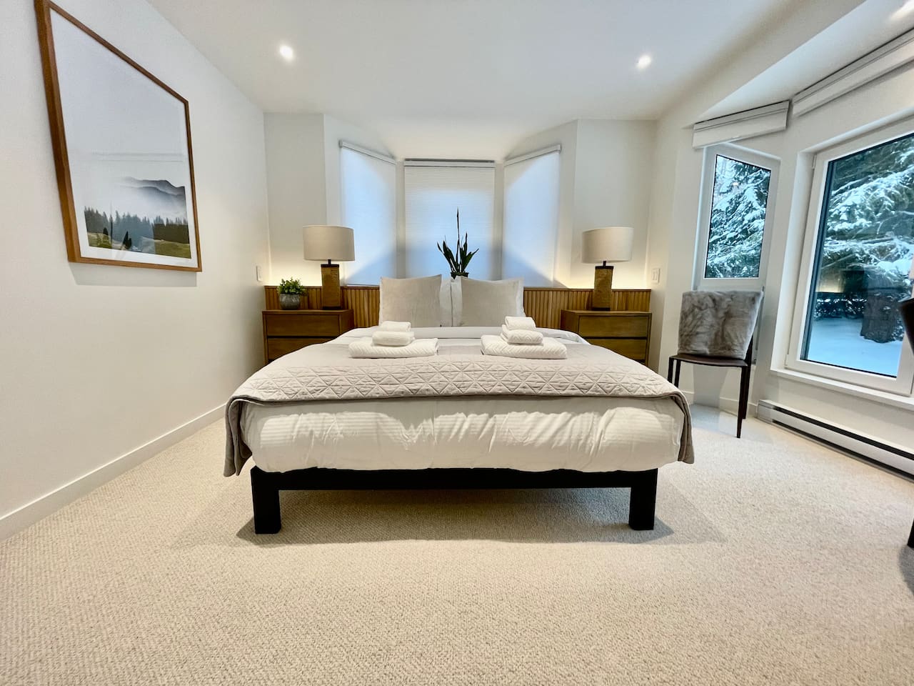 All bedrooms offer scenic mountain and/or river views and are outfitted w/plush queen beds, blackout blinds, individual room controlled  thermostats w/integrated A/C,  built-in closet organizers w/LED lighting & USB Power Outlets beside the bed  