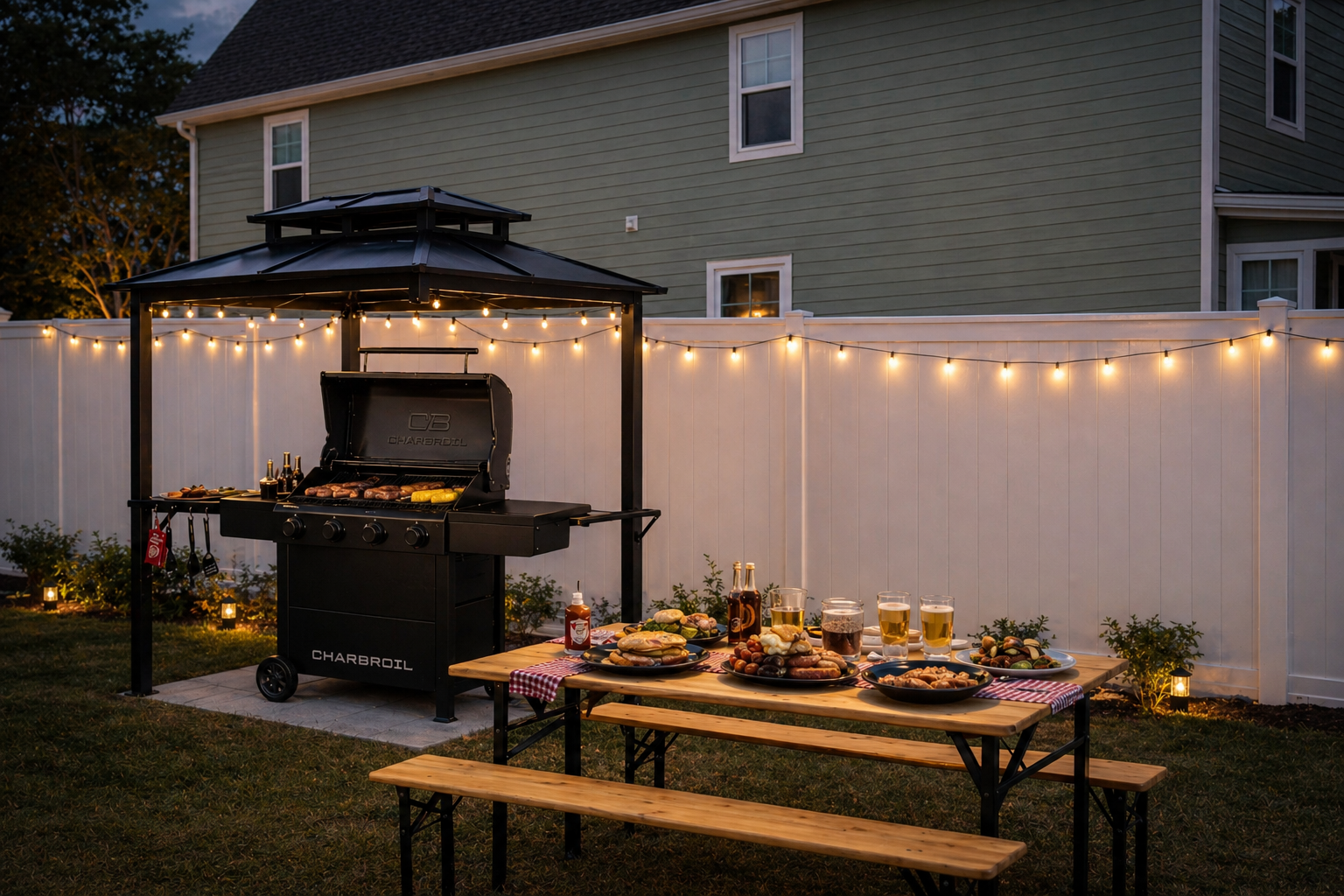 Outdoor Dining Oasis: Sizzle up unforgettable meals under twinkling lights in our BBQ haven!
