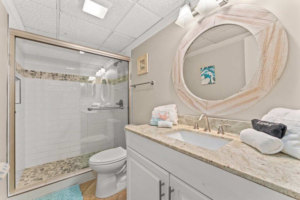 Recently updated master bathroom. Plenty of counter space for all your needs.