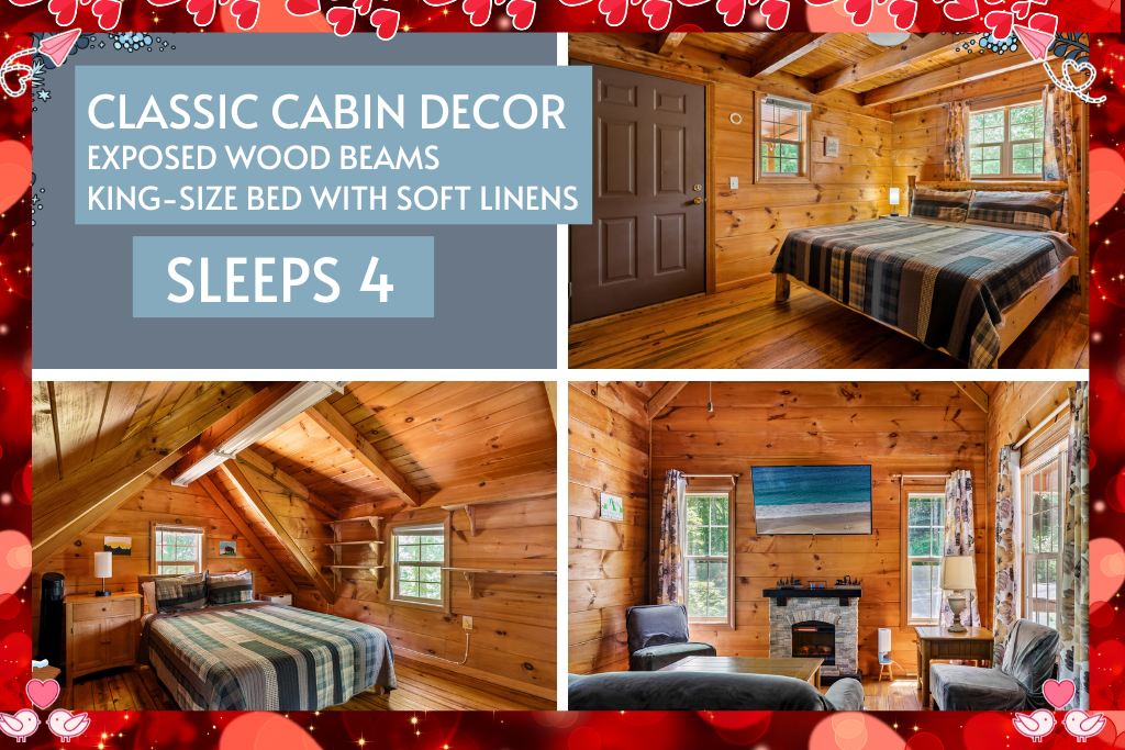Classic wood-beam charm meets modern comfort—sleeps 4 with king & queen beds.