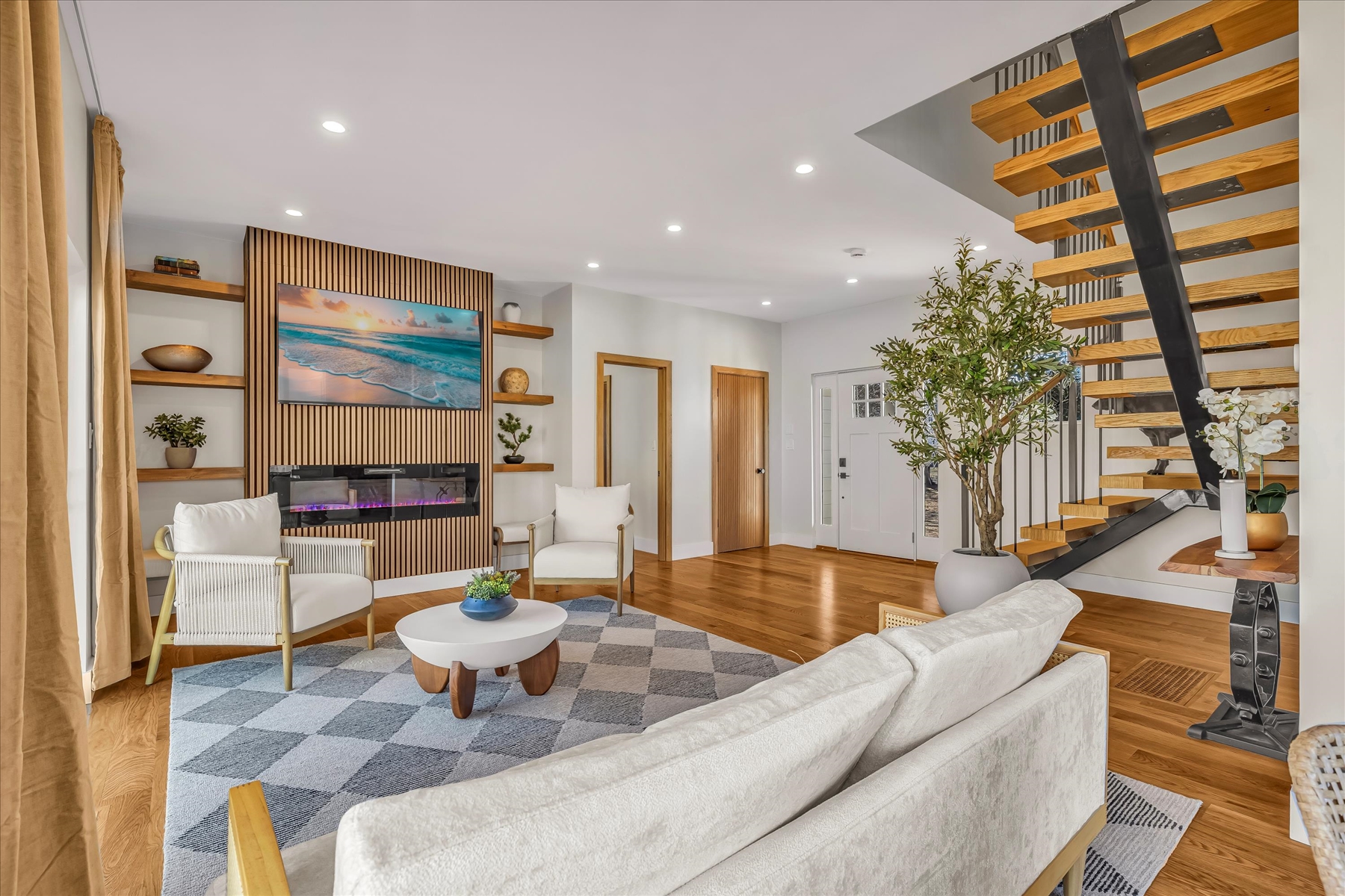 Gas fireplace adds ambience and warms you up on the cool days.
Above is a large TV.  