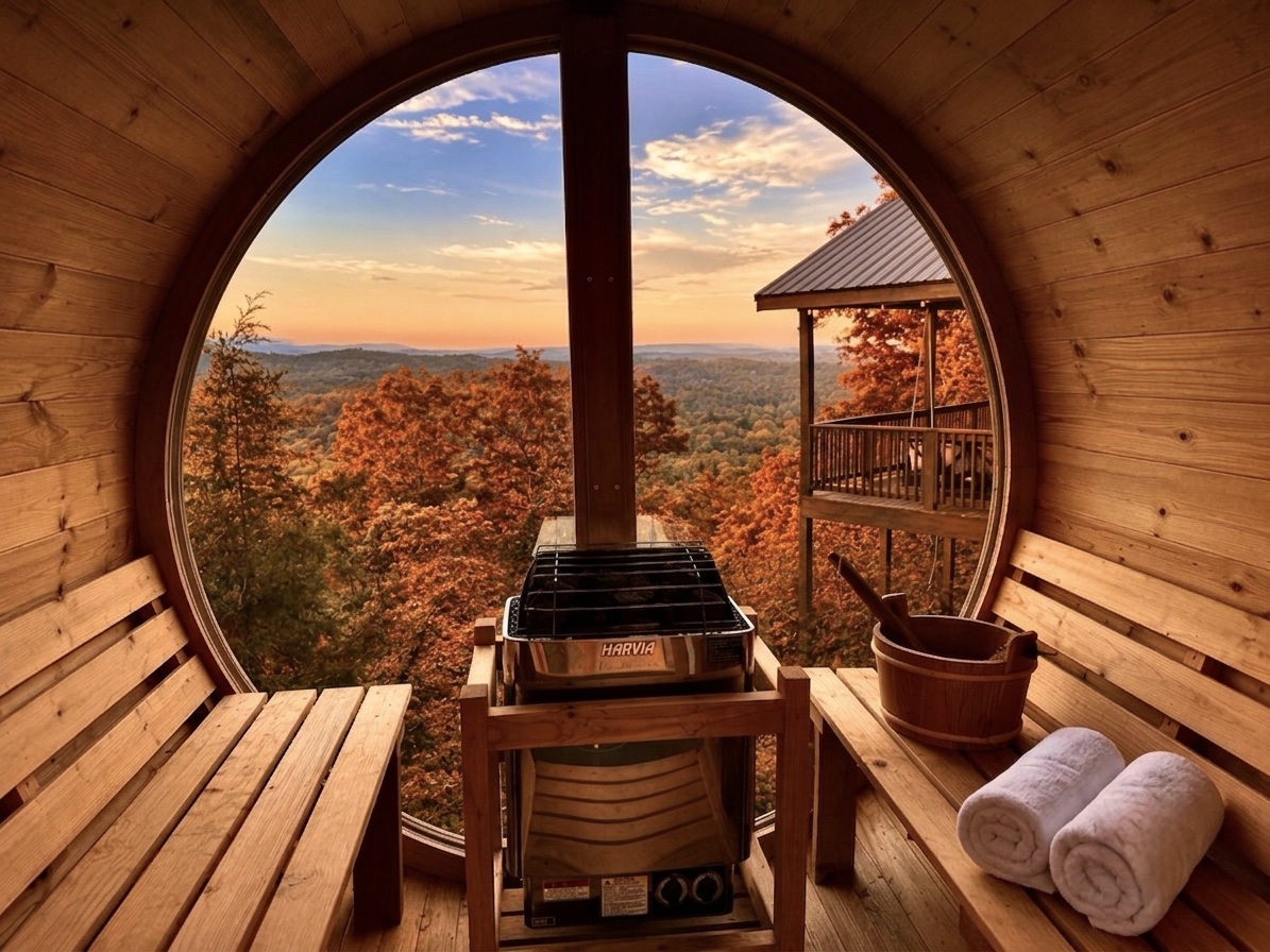 Get steamy in our glass wall barrel sauna while you take in a magical, Smoky Mountain sunset!
