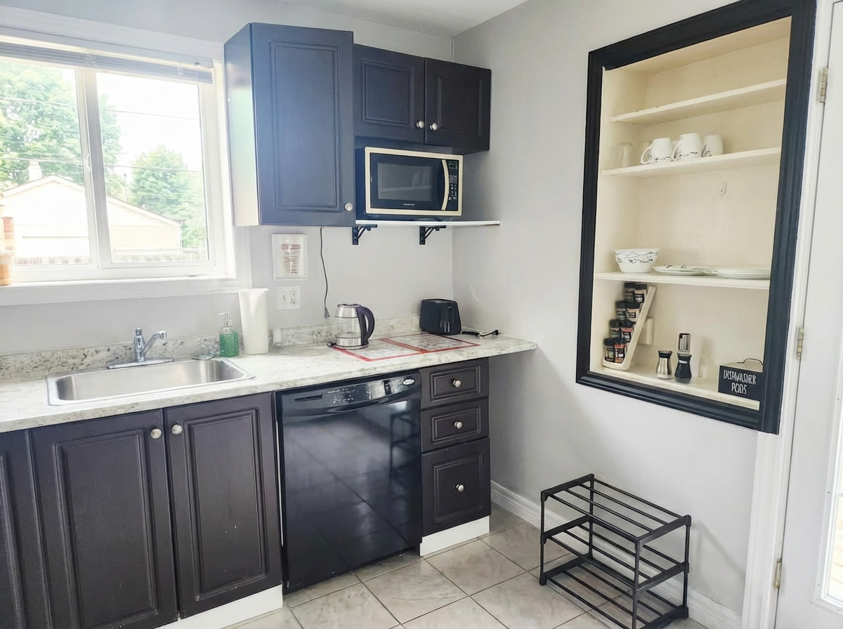 Kitchen, storage and  microwave