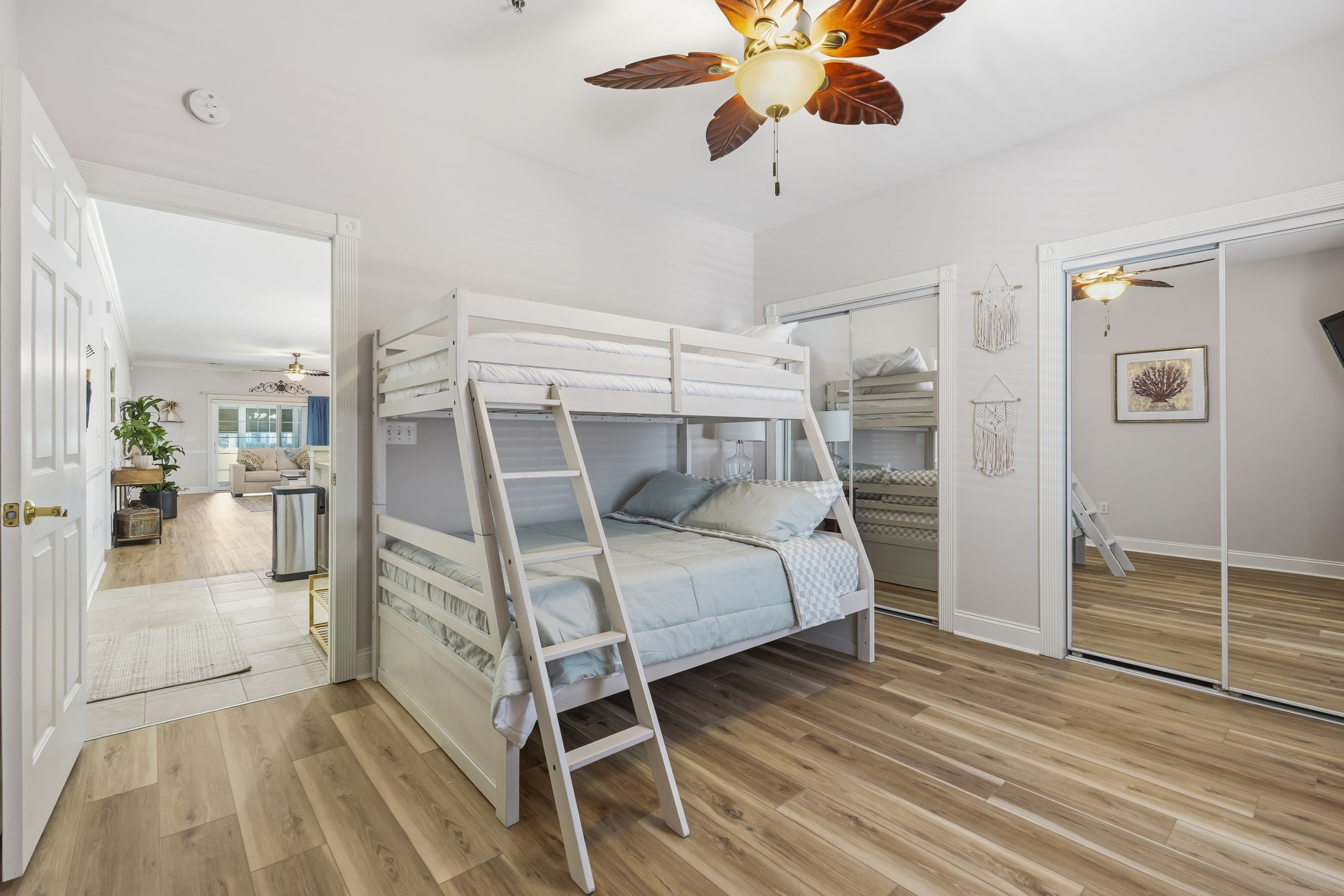 The third bedroom has a bunk bed with a Full mattress on the top and Queen on the bottom.  