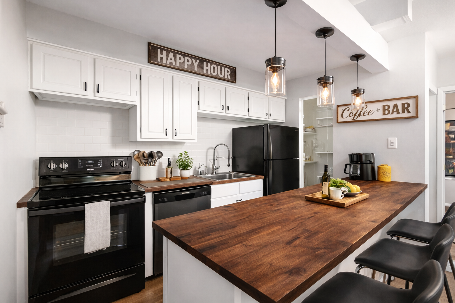 Fully stocked kitchen with breakfast bar seating for the whole crew.